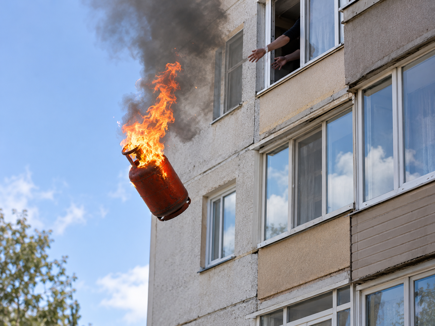 Из окна многоэтажки выбросили горящий газовый баллон